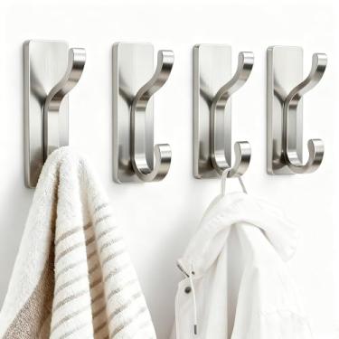 Imagem de pickpiff Ganchos de parede com fita adesiva - fácil de remover, sem resíduo, gancho de toalha pegajoso resistente, pacote com 4, prata
