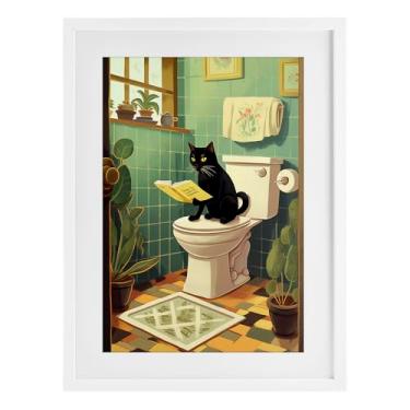 Imagem de Stupell Industries Impressão emoldurada branca para leitura de gato no vaso sanitário, design de Andreas Magnusson, 23 x 17