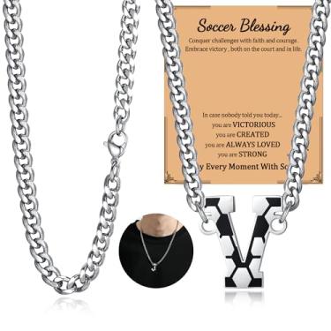 Imagem de NUKAYAI Colar de futebol com letra A a Z para homens, pingente de pingente de aço inoxidável, corrente de prata, acessórios de joias, material de 50,8 cm, colares personalizados, presentes de futebol