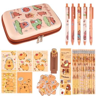 Imagem de Estojo de lápis Capybara com material escolar, caixa de lápis fofa, conjunto de papelaria, inclui 5 canetas de gel, 5 cadernos, 12 lápis, 1 borracha retrátil, 50 adesivos, presentes para meninas