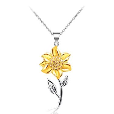 Imagem de Caiyao Colar retrô com pingente de coração com contas de strass de girassol para mulheres e meninas, banhado a ouro 14K, banhado a prata You are My Sunshine, flor, planta, festa, aniversário, férias,