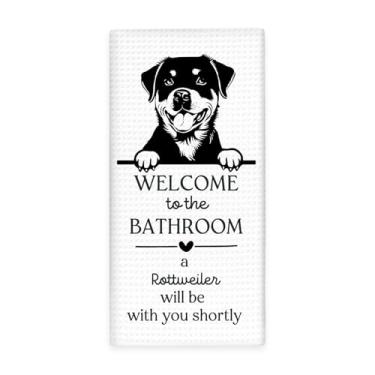 Imagem de Lengues Welcome to The Bathroom A Rottweiler Will Be With You Toalhas de mão em breve, decoração de banheiro de cachorro, presentes engraçados para cães toalhas de mão de banheiro, presentes para