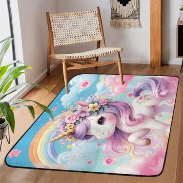 Imagem de Tapete antiderrapante para sala de estar, sala de estar, lavável à máquina, desenho de flor, unicórnio, tapete antiderrapante, tapete macio para sala de estar, quarto, sala de jantar, berçário