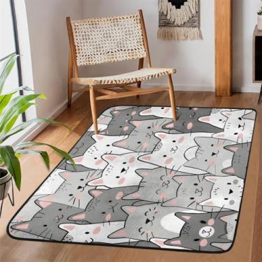 Imagem de Tapete de área para sala de estar, lavável à máquina, gato, fofo, cinza, branco, antiderrapante, tapete macio, para sala de estar, quarto, sala de jantar, berçário, cozinha, decoração de casa
