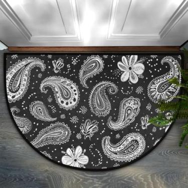 Imagem de Tapete de porta meio redondo, floral, paisley, étnico, preto, antiderrapante, absorvente, semicírculo, tapetes laváveis, para ambientes internos e externos, pátio, cozinha, banheiro, entrada, lareira