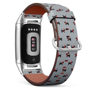 Imagem de Pulseira de couro de substituição para relógio Fitbit Charge 5 / Fitbit Charge 6 (chapéu de Natal do terrier escocês) para smartwatch para mulheres e homens