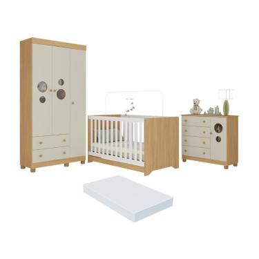 Imagem de Quarto De Bebê Completo Berço Americano 3 Em 1 Colchão Bombom Multimóveis MP4638 Madeirado-off White