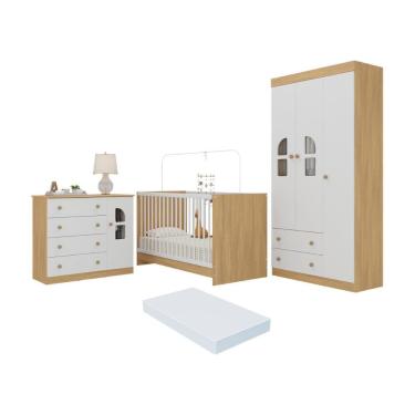 Imagem de Quarto De Bebê Completo Com Berço 3 Em 1 Colchão Incluso Amora Multimóveis MP4573 Madeirado-branco