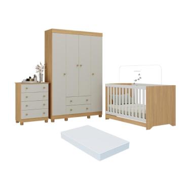 Imagem de Quarto De Bebê Completo Berço Americano 3x1 Colchão Allegra Multimóveis MP4602 Madeirado-off White