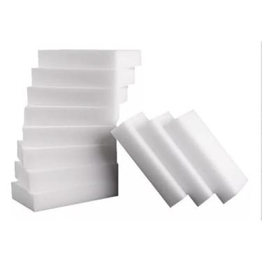 Imagem de Kit 10 Esponja Mágica de Melamina 10x7x3cm Bucha Multiuso Limpeza Eficiente Limpa Parede, Tênis, Box, Banheiro - Remove Mancha, Rabisco e Não Risca – Cor Branca