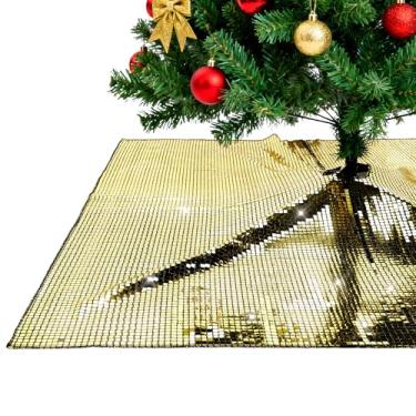 Imagem de PartyDelight Saia de árvore de Natal dourada com lantejoulas de 134 cm, decoração de Natal brilhante para árvores, cantos, paredes e exibição de lareira de 2,1 m a 3 m