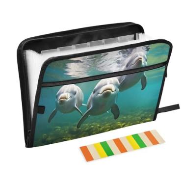 Imagem de Wassud Lovely Dolphins Organizador de arquivos sanfonado de 13 bolsos com abas e adesivos, organizador de pastas de documentos de recibo de papel tamanho carta A4 para viagens de escritório