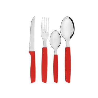 Imagem de Jogo de Talheres 16 Peças, Aço Inox com Cabo Vermelho, 4 Facas, 4 Garfos, 4 Colheres de Mesa, 4 Colheres de Sobremesa, com Embalagem Cilíndrica
