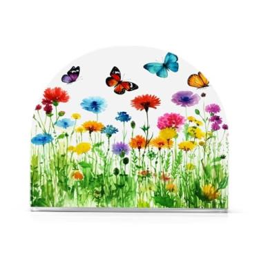 Imagem de Qilmy Lindo porta-guardanapos de flores silvestres e borboletas, porta-guardanapos de acrílico transparente para mesa, suporte de guardanapo de coquetel de papel de seda para cozinha, dispensador de