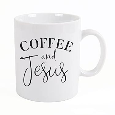 Imagem de Caneca inspiradora de cerâmica de porcelana branca clássica Coffee and Jesus 425 g