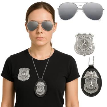Imagem de Kit Policial Adulto Com 3 Acessórios, Óculos Aviador, Broche, Colar com Distintivo, para Festas, Fantasia, Carnaval, Halloween