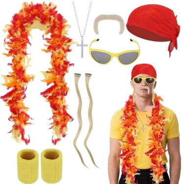 Imagem de 7 PCS Halloween Wrestler Hogan Costume Kit Includes Wig, Yellow Red Feather Boa, Fake Mustache, Red Bandana & Bracers for Women Men Halloween Cosplay Party Dress Up, Wresting Themed Role Play