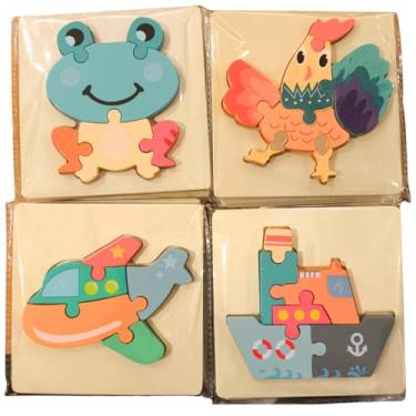 Imagem de Conjunto 4 Quebra-Cabeça 3D em Madeira para Bebês 1+ – Encaixe de Formas e Cores – Estimula Coordenação Motora, Lógica, Brinquedo Educativo, Criatividade e Aprendizado Infantil (Animais e Veiculos)