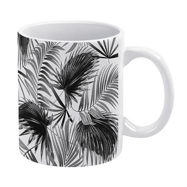 Imagem de Folhas de palmeira tropicais pretas sem costura vintage em fundo branco copo de cerâmica branca, caneca de chá de 325 ml, caneca de café, caneca de leite, copo de cerâmica para escritório em casa