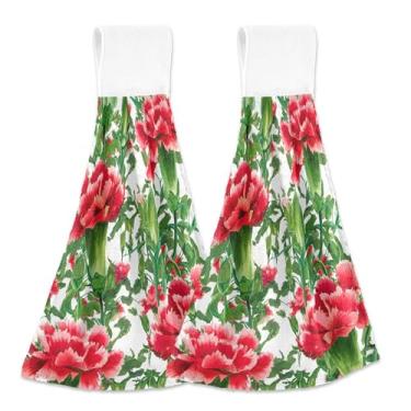 Imagem de Toalhas de mão de outono de folhas verdes de cravos florais vermelhos com laço de pendurar conjunto de 2 toalhas decorativas macias absorventes de cozinha essenciais, 46 x 35 cm