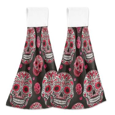 Imagem de Toalhas de mão Sugar Skull Colors Red Black Spring com laços para pendurar toalhas de chá de forno ultra absorventes conjunto de 2, toalha de cozinha personalizada de outono fofa 47 x 35 centímetros