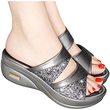 Imagem de Sandálias femininas plataforma plataforma slides cristal peep toe sandálias chinelos salto anabela sapatos sem cadarço, ouro-37