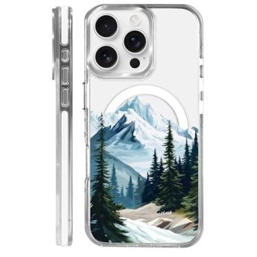 Imagem de MQJCYB Capa magnética para iPhone 16 Pro com design em base transparente, compatível com MagSafe, capa protetora fina de TPU macio para celular para mulheres e meninas - montanhas árvore ao ar livre