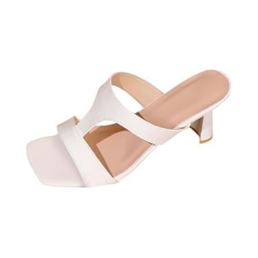 Imagem de Moda casual feminina casual cabeça quadrada salto alto primavera verão sola de borracha, Branco, 36