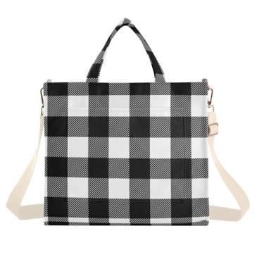 Imagem de Bolsa de ombro feminina, Natal, floco de neve, vermelho, dourado, academia, bolsa de presente de Natal, sacola de grande capacidade, Xadrez preto e branco, Small