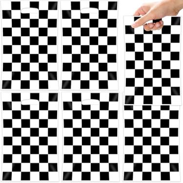 Imagem de FUULOXE 100 peças de sacos de presente xadrez de plástico com alças, preto e branco com tema de carro de corrida para crianças, lembrancinhas de artigos de festa de aniversário