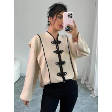 Imagem de Blusa feminina bege com gola mandarim - blusa de manga comprida com botão sapo preto, Damasco, X-Large