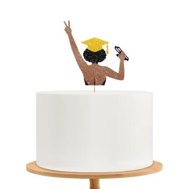 Imagem de Topo de bolo de formatura para meninas, enfeite de bolo acadêmico, glitter preto e dourado 2026 Topper de bolo para decoração de festa de formatura de faculdade