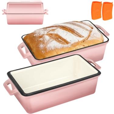 Imagem de Wildone Forma de pão de ferro fundido esmaltado com tampa, formas de cozimento de massa fermentada 9 x 5 para pão caseiro, bolo, bolo de carne, até mesmo formas de pão, conjunto de 2 peças, rosa