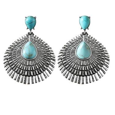 Imagem de MOEPAPA Brincos femininos estilo ocidental turquesa boêmios delicados brincos de gota turquesa presentes para ela joia de pedra de cura, Zinco, Turquesa