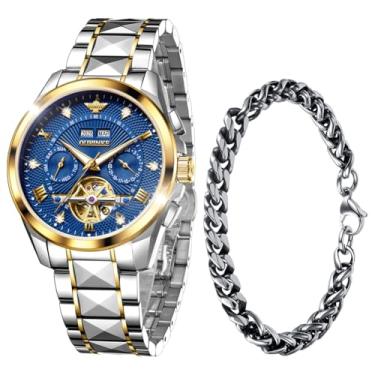 Imagem de OUPINKE Relógio masculino automático esqueleto diamante original mecânico automático relógio de pulso luxuoso para homens, G3270G: pulseira de dois tons e mostrador azul, Presente de luxo, negócios