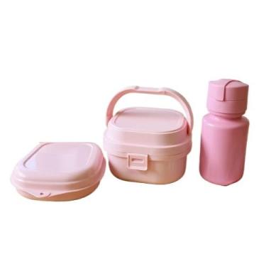 Imagem de Kit Infantil Marmita com Divisória 660ml + Sanduicheira e Garrafinha de Agua 280ml Lancheira Pequena, Adequado para Festivais Locais e Reuniões em Casa(ROSA)