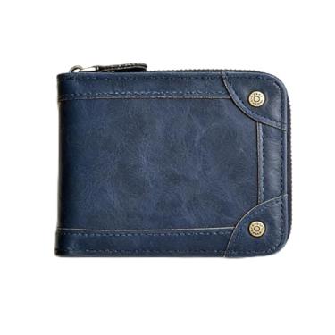 Imagem de Carteira masculina retrô azul curta magnética brilhante de couro liso, design curto azul retrô com fecho magnético, couro liso brilhante e confortável ao toque