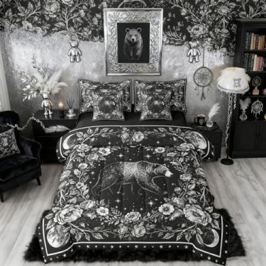 Imagem de Erosebridal Conjunto de edredom gótico solteiro com lençol | Urso pardo, 7 peças, vintage, floral, animais da floresta, cama em uma bolsa, rústica de fazenda, decoração gótica preta