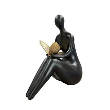 Imagem de Lescafita Estatueta sentada abstrata preta com borboleta dourada – Escultura moderna de resina para prateleira, mesa, sala de estar e escritório, estátua minimalista para decoração de casa