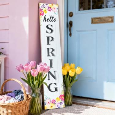 Imagem de DOUSUI Placa de boas-vindas vertical de madeira para varanda da frente, placa decorativa vertical, porta da frente, placa de boas-vindas interna, 128 x 19 cm, decoração externa de flores para