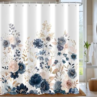 Imagem de Emwnodti Cortina de chuveiro floral dourada azul marinho, decoração de banheiro com estampa de folhas em aquarela boho, tecido de poliéster, impermeável, 182 x 182 cm com 12 ganchos