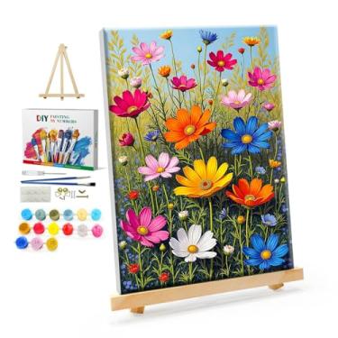 Imagem de YOYA Kit de pintura emoldurada por números para adultos – kit de pintura de flores por números em tela com cavalete, pintura de flores DIY por número tela emoldurada para decoração de parede de casa