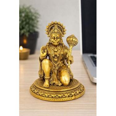 Imagem de BEXCO Sentado Hanuman Ji Brass Idol | 8 cm Bajrangbali Sankat Mochan Hanuman Murti estatueta perfeita para Puja, escultura de mesa de escritório em casa (peso - 240 g)