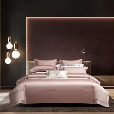 Imagem de Conjunto de cama de algodão estilo hotel, cor sólida, macio e sedoso, com capa de edredom, lençol de baixo, fronhas, rosa. Lençol de baixo com elástico de 1,5 MB.