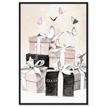 Imagem de Art Remedy Caixas de presente borboletas ilustração de moda em tela, moldura preta, 50,8 cm x 76,2 cm