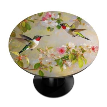 Imagem de Pardick Toalha de mesa redonda com borda elástica, beija-flores de primavera, toalha de mesa redonda elástica impermeável e limpável, para piquenique, pátio, serve para mesas de até 91 a 106 cm de