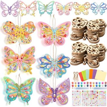 Imagem de Blueweenly Conjunto de 24 peças de artesanato de madeira em forma de borboleta, enfeites de artesanato de borboleta para pintar recortes de madeira inacabados em branco para pendurar em aniversário