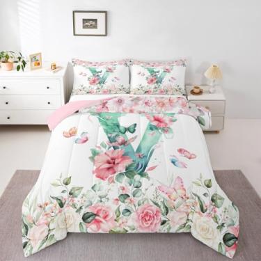 Imagem de Erosebridal Conjunto de cama completo com letra V com letra V, letra V, flores rosa, plantas de jardim, edredom