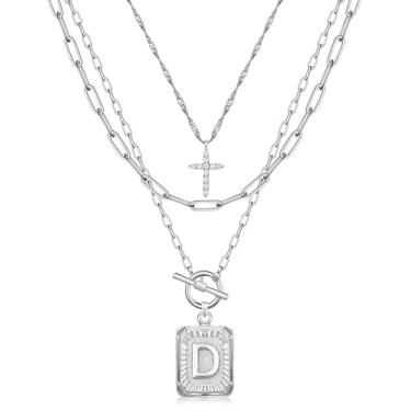 Imagem de MJartoria Colar com inicial em camadas para mulheres, moderno, latão banhado a ouro 14K, gargantilha com cruz simples, pingente de letra quadrada, colar de corrente de clipe de papel, joias, one size
