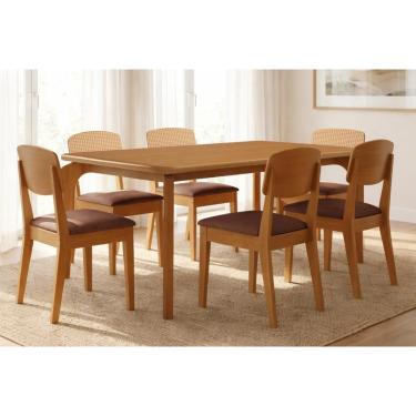 Imagem de Sala Jantar Mesa Londrina Tampo Curvo 180cm+6 Cadeiras Havana Naturale - Suede Marrom - Rufato